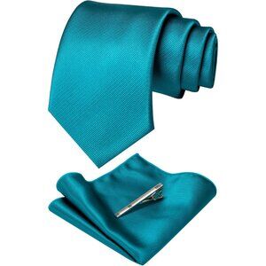 Men's Teal Colour Formal Necktie and Pocket Square Tie Clip Sets